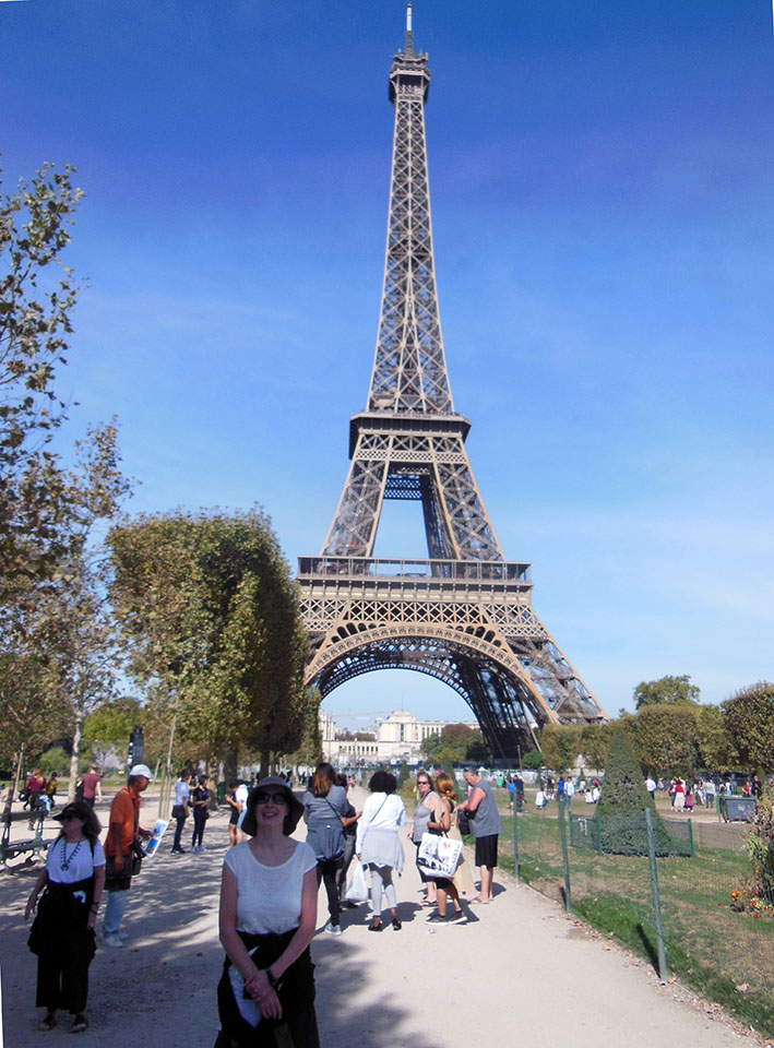 Sue in front of Eiffel Tower Sept17
